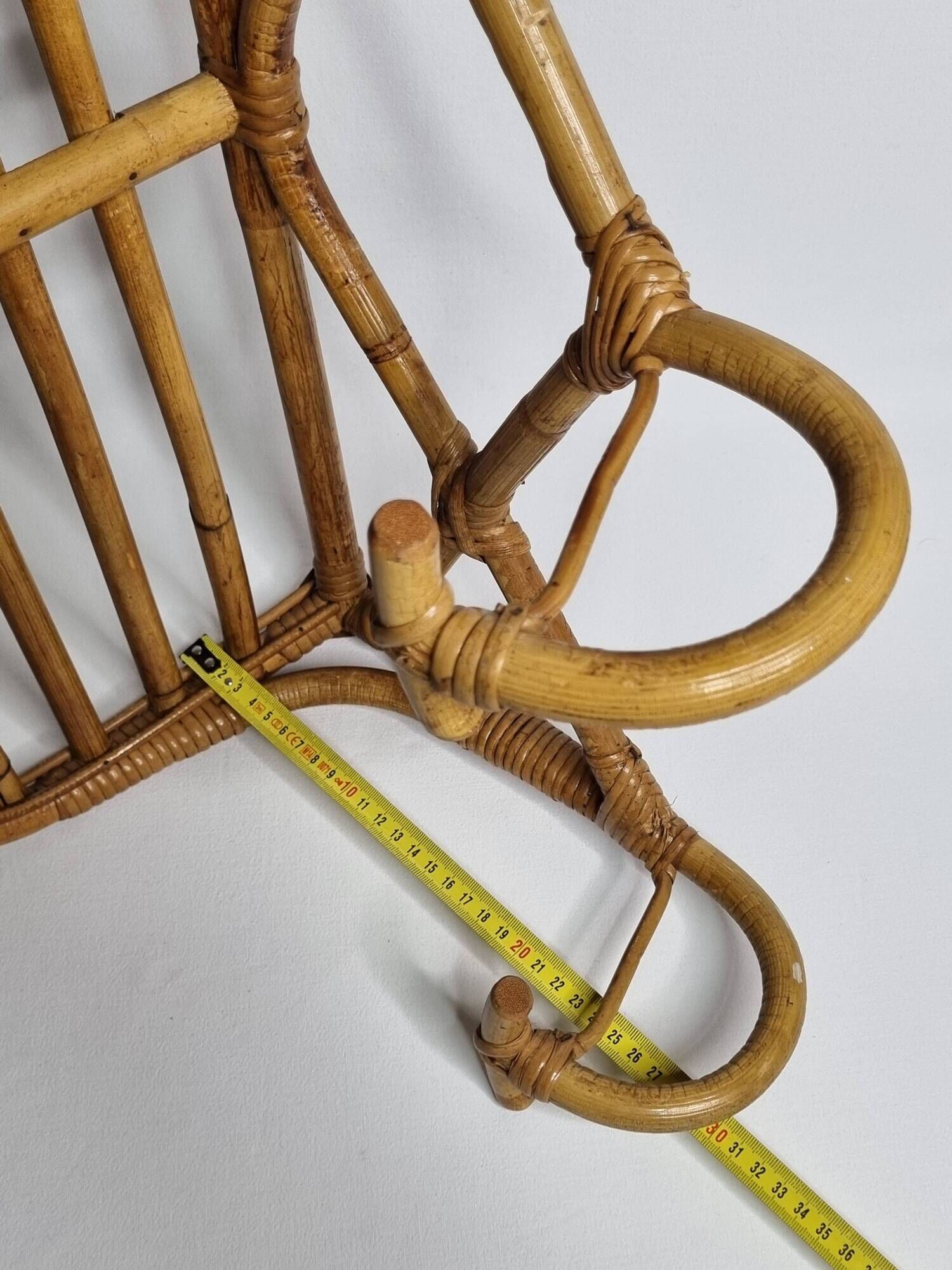Vintage Rattan Wall Shelf with Hooks – 60s/70s