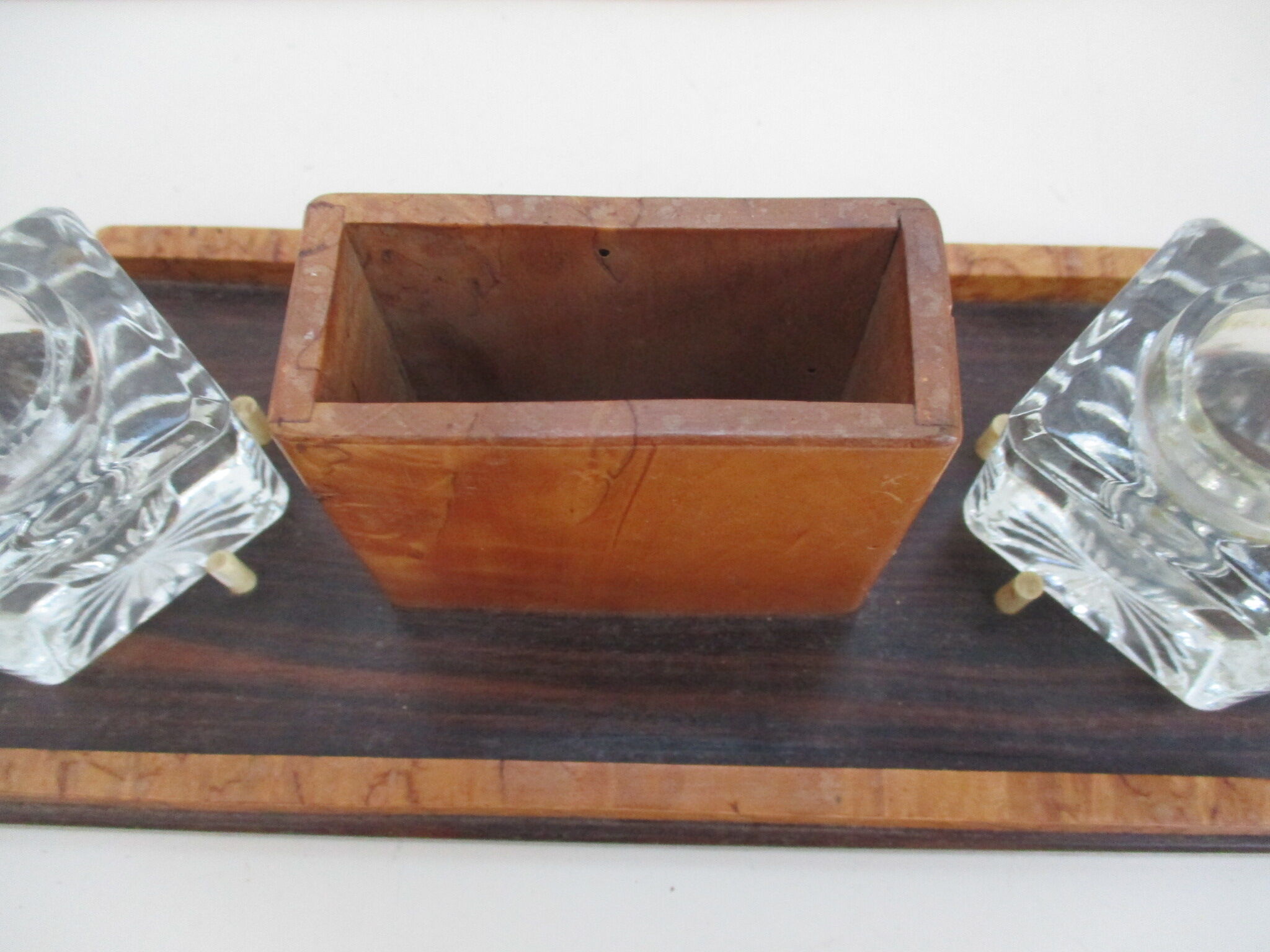 Wood inkwell and art deco glass