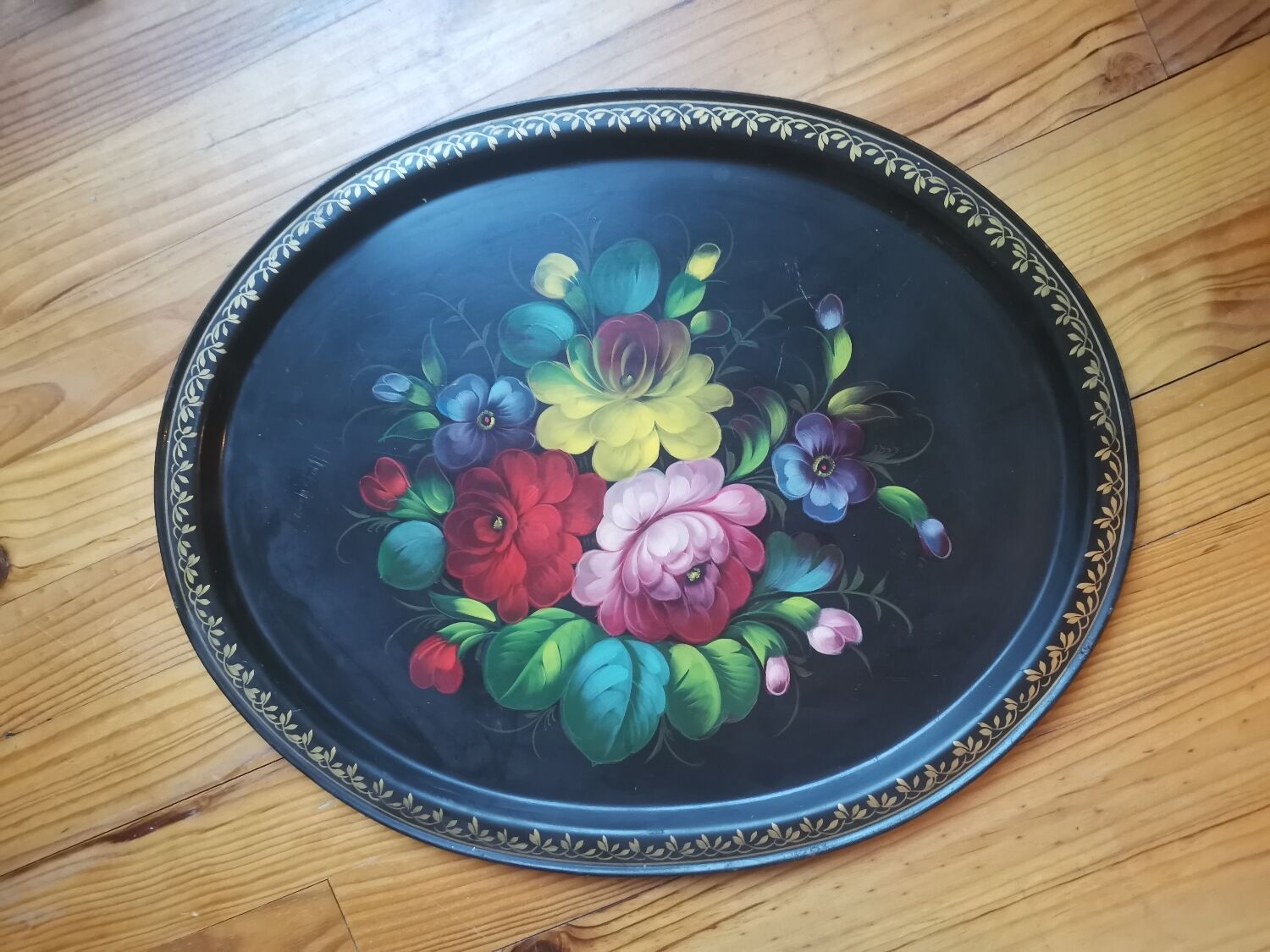 Large oval tray vintage metal hand-painted metal pattern flowers made in ussr numbered