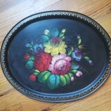 Large oval tray vintage metal hand-painted metal pattern flowers made in ussr numbered