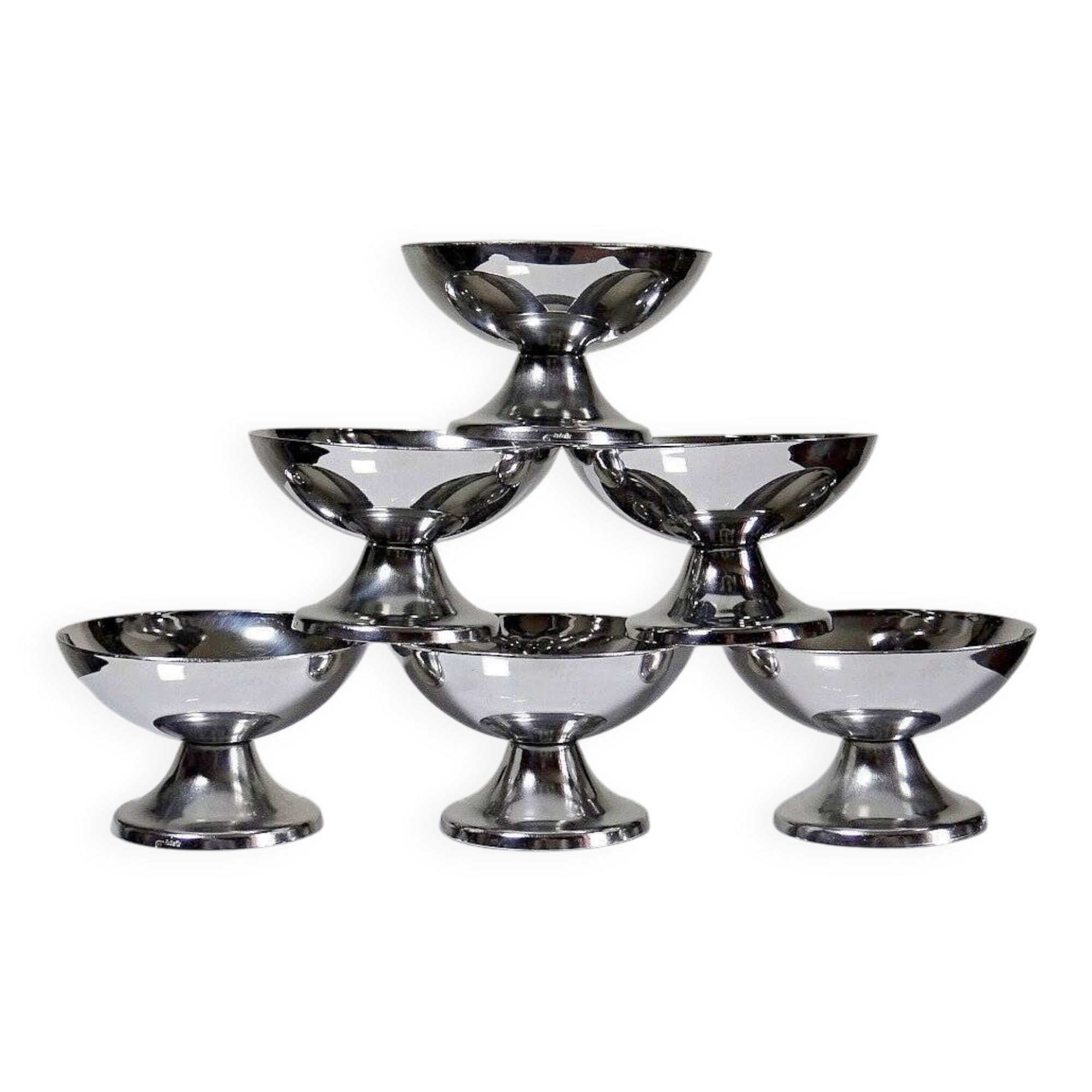 6 vintage bistro-style stainless steel dessert bowls on feet