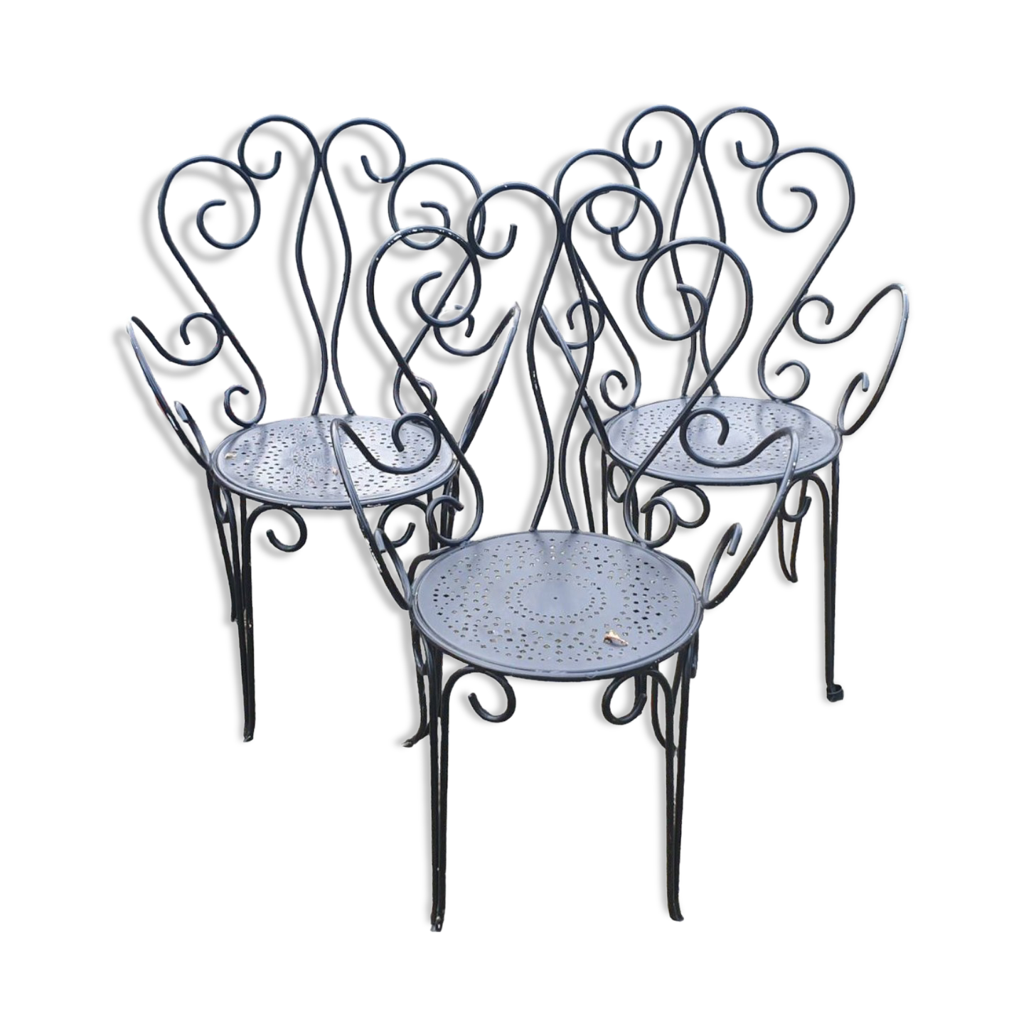 3 ornate wrought iron garden armchairs