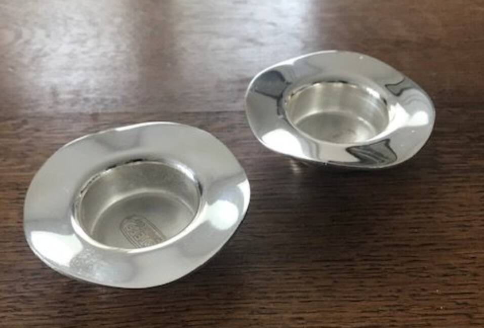 Pair of round candlesticks in silver metal, Danish design