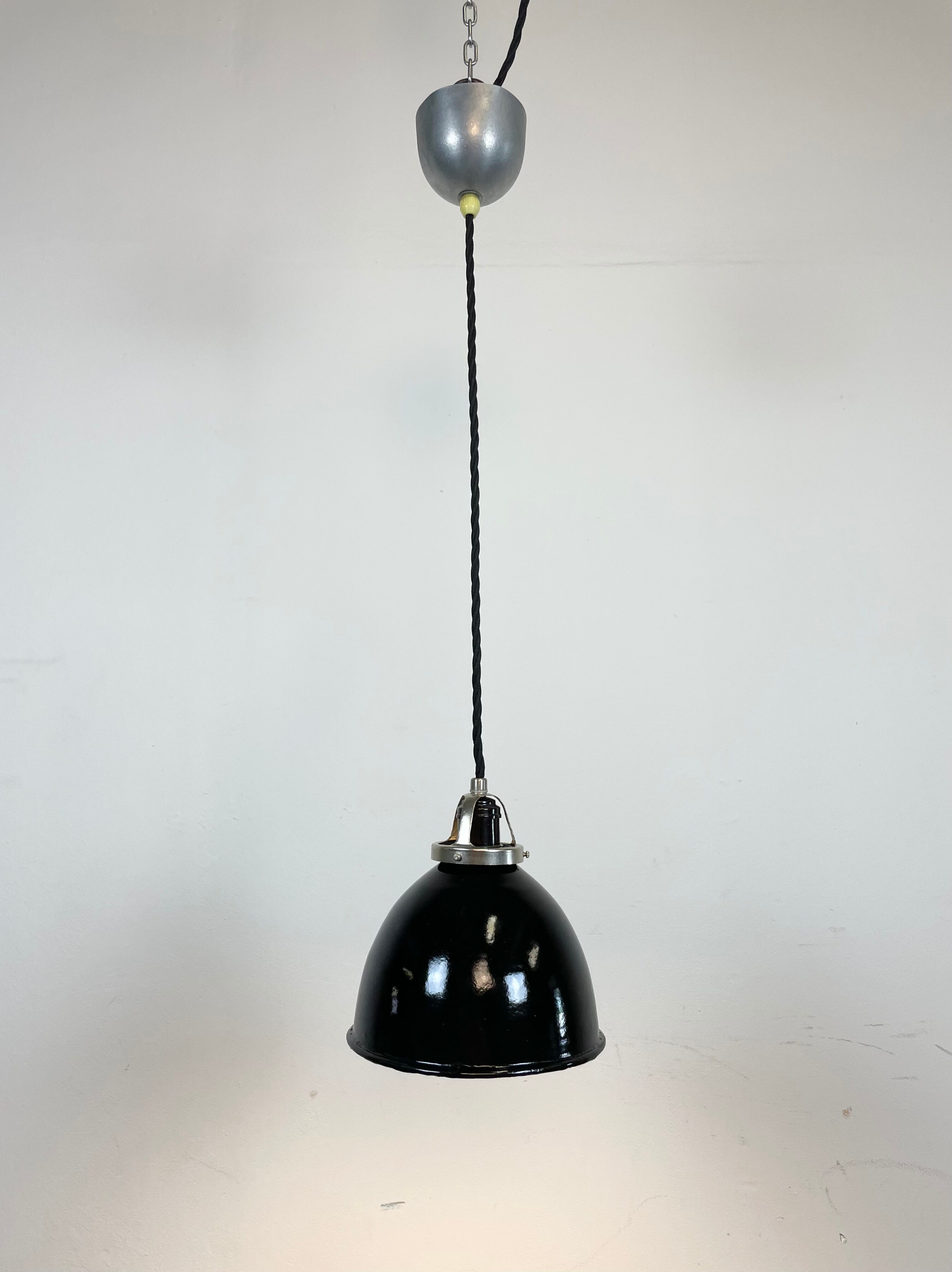 Industrial black enamel pendant lamp, 1950s