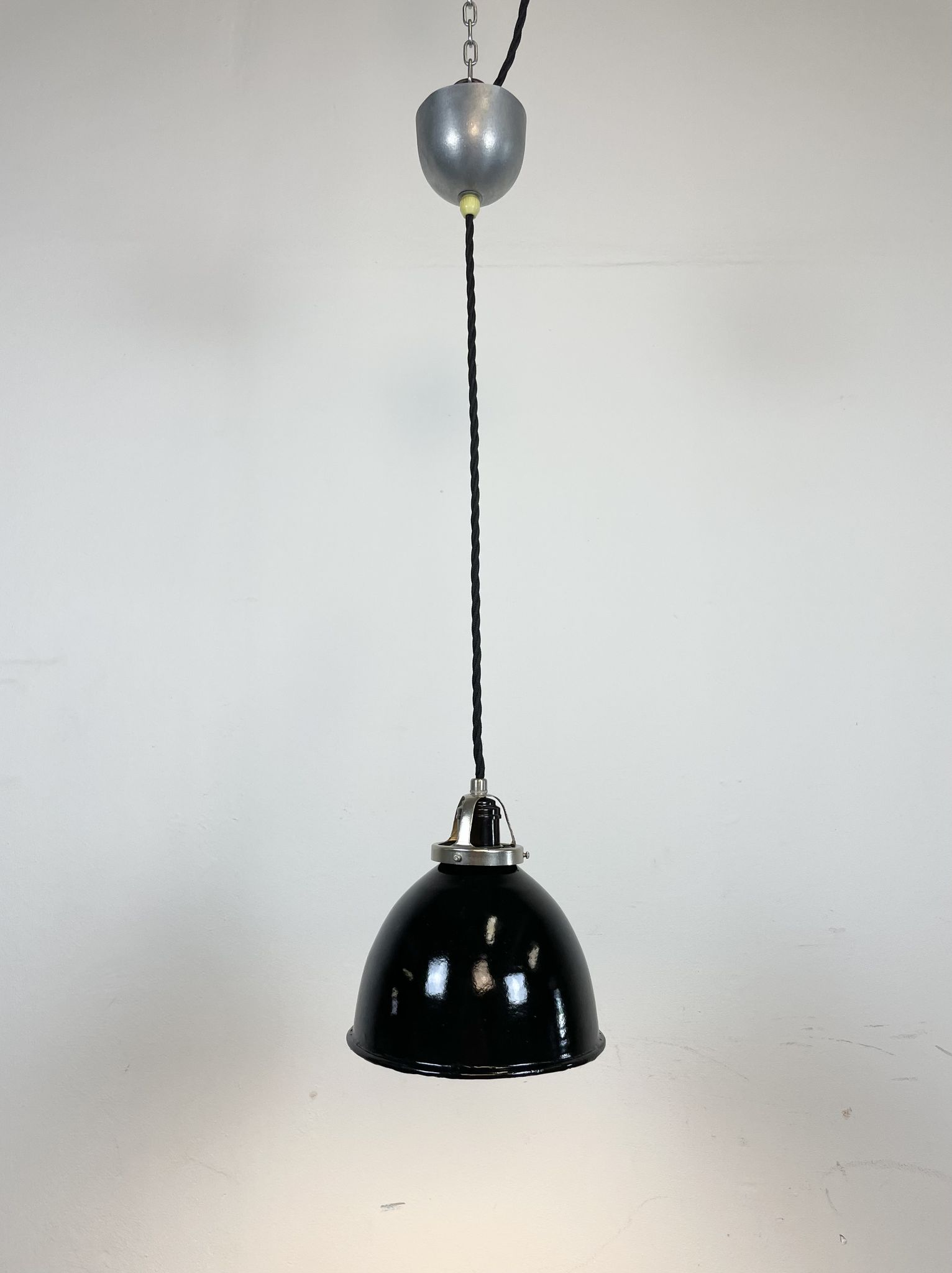 Industrial black enamel pendant lamp, 1950s