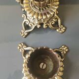 Pair of Jewish/Hebrew Flambeau Candlesticks. Signed Israel. In old gold patinated brass