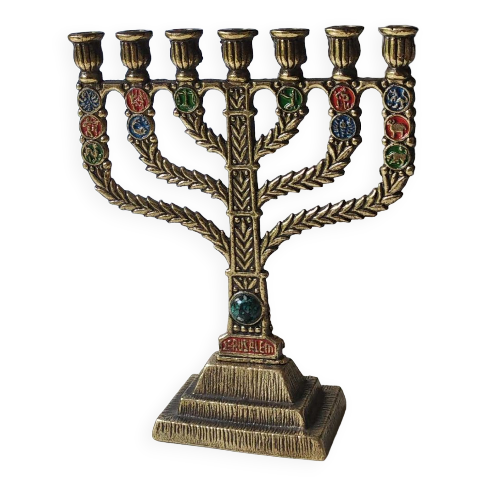 Menorah/Hebrew Candlestick with 7 branches. Astrological signs. Hanukkah. In patinated brass old gold