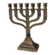 Menorah/Hebrew Candlestick with 7 branches. Astrological signs. Hanukkah. In patinated brass old gold