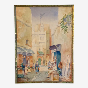 Aquarelle Ancienne encadrée, orientaliste XIX, signée louis Lartigau