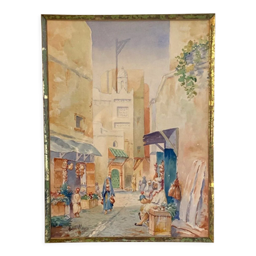 Aquarelle Ancienne encadrée, orientaliste XIX, signée louis Lartigau