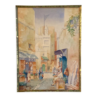 Aquarelle Ancienne encadrée, orientaliste XIX, signée louis Lartigau