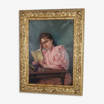 Portrait of a young woman reading Lamartine signed, dated 1894, 28x22 cm