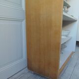 Vintage bookshelf in oak veneer, pearl grey interior, metal legs.