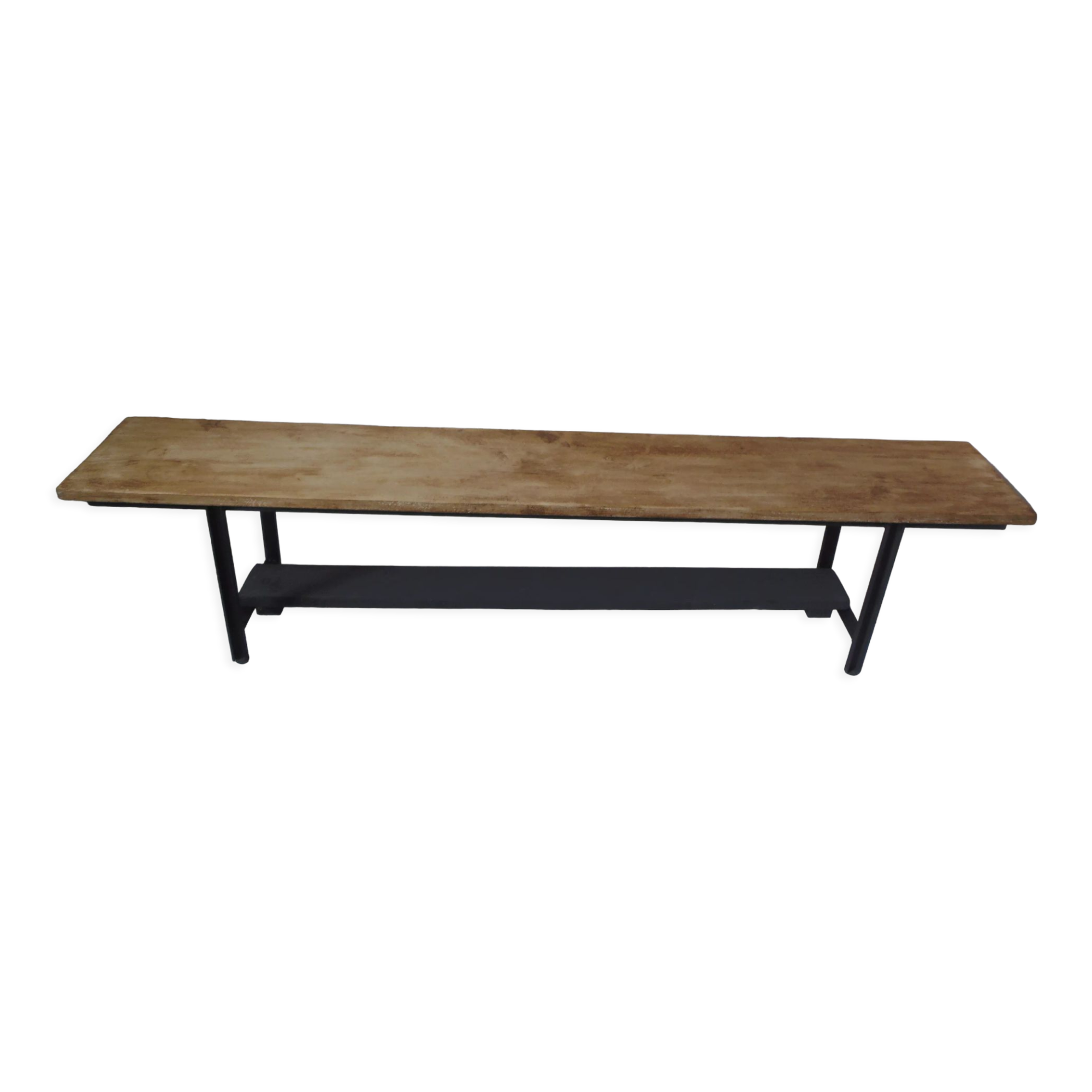 Bench metal structure and cross slate gray wood, waxed seat medium oak.