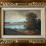Painting - Animated riverside scene - golden frame