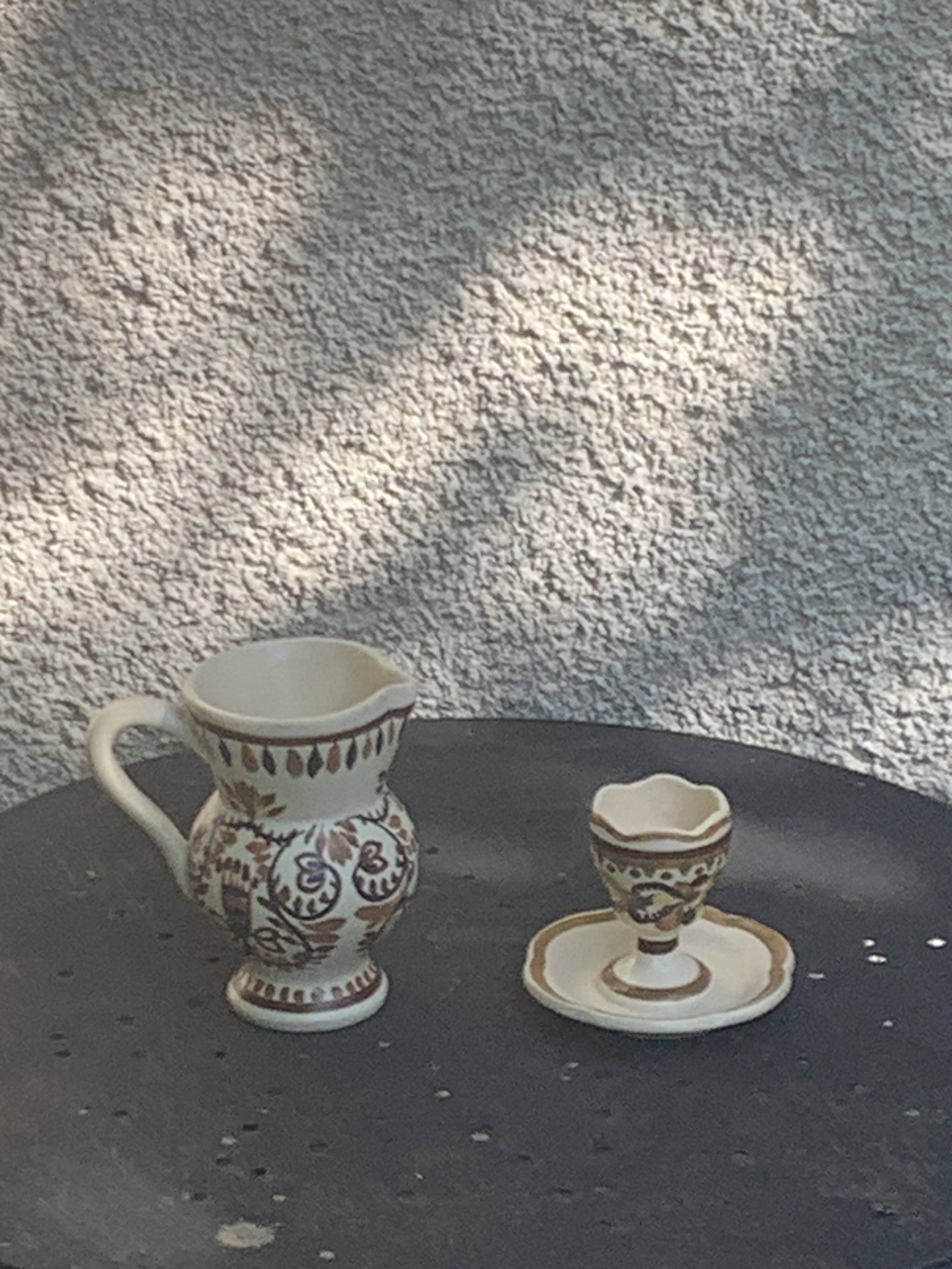 Egg cup and pitcher in handcrafted enameled ceramic, hand-painted brehat