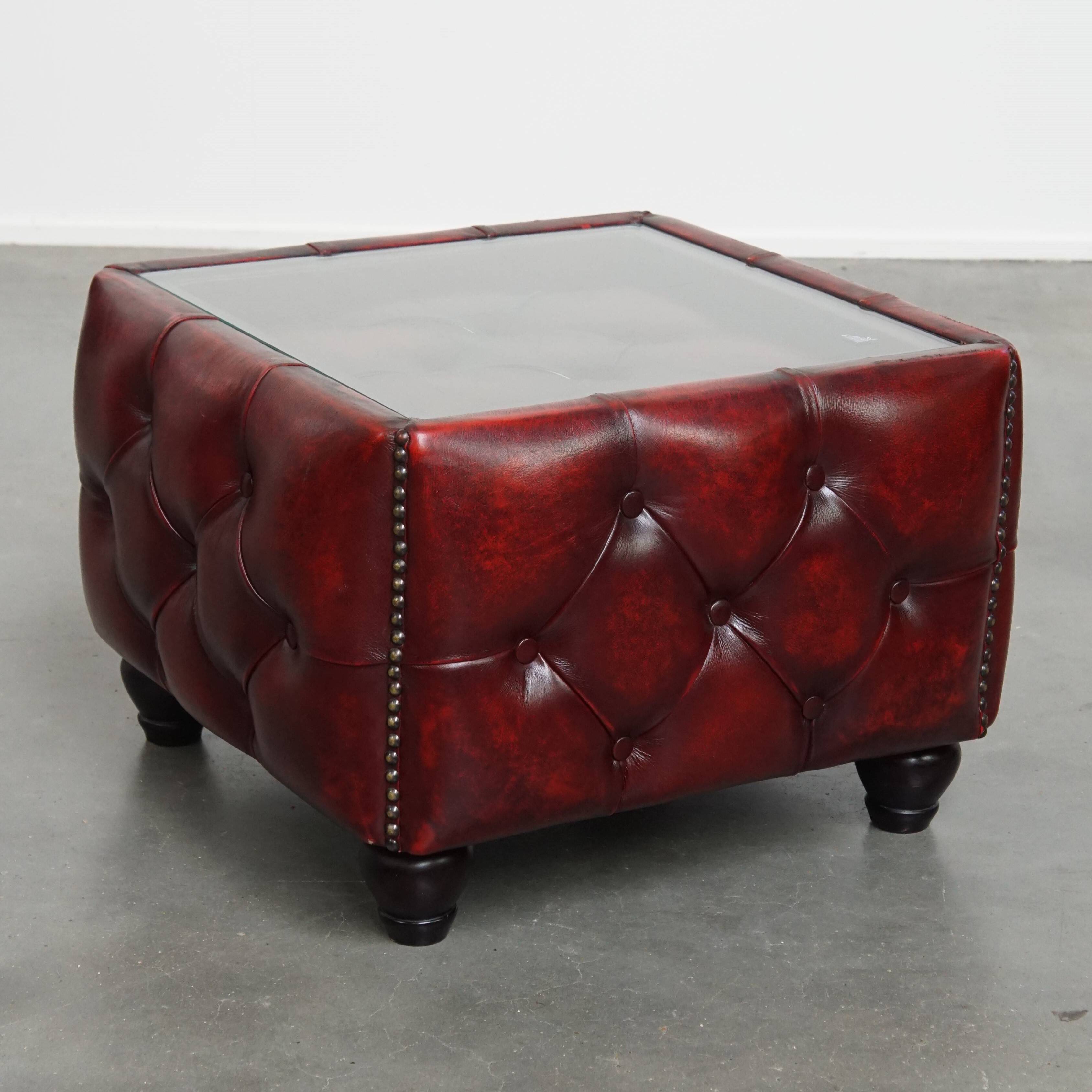 Red Cowhide Leather Chesterfield Side Table with Glass Top
