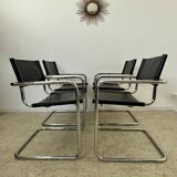 Lot of 4 tubular metal and black leather chairs MG5 Grassi style 70s