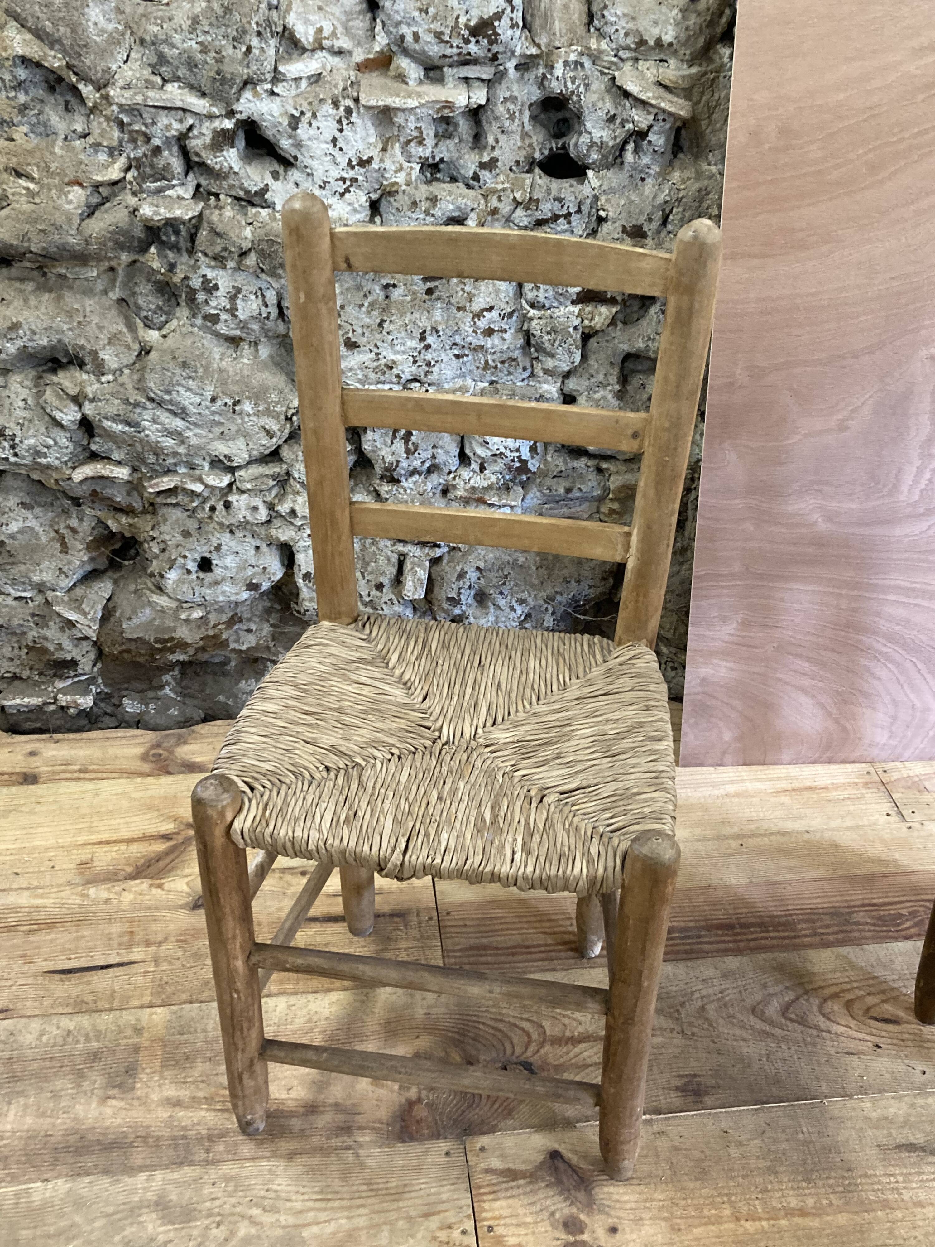 Pair of rustic-style vintage straw wood brutalist chairs