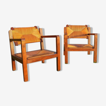 Paire de fauteuils avec dossiers amovibles en bois et paille