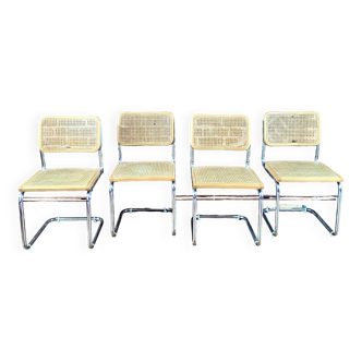 Lot de 4 chaises designer Marcel Breuer Cesca B32 cannage et métal chromé