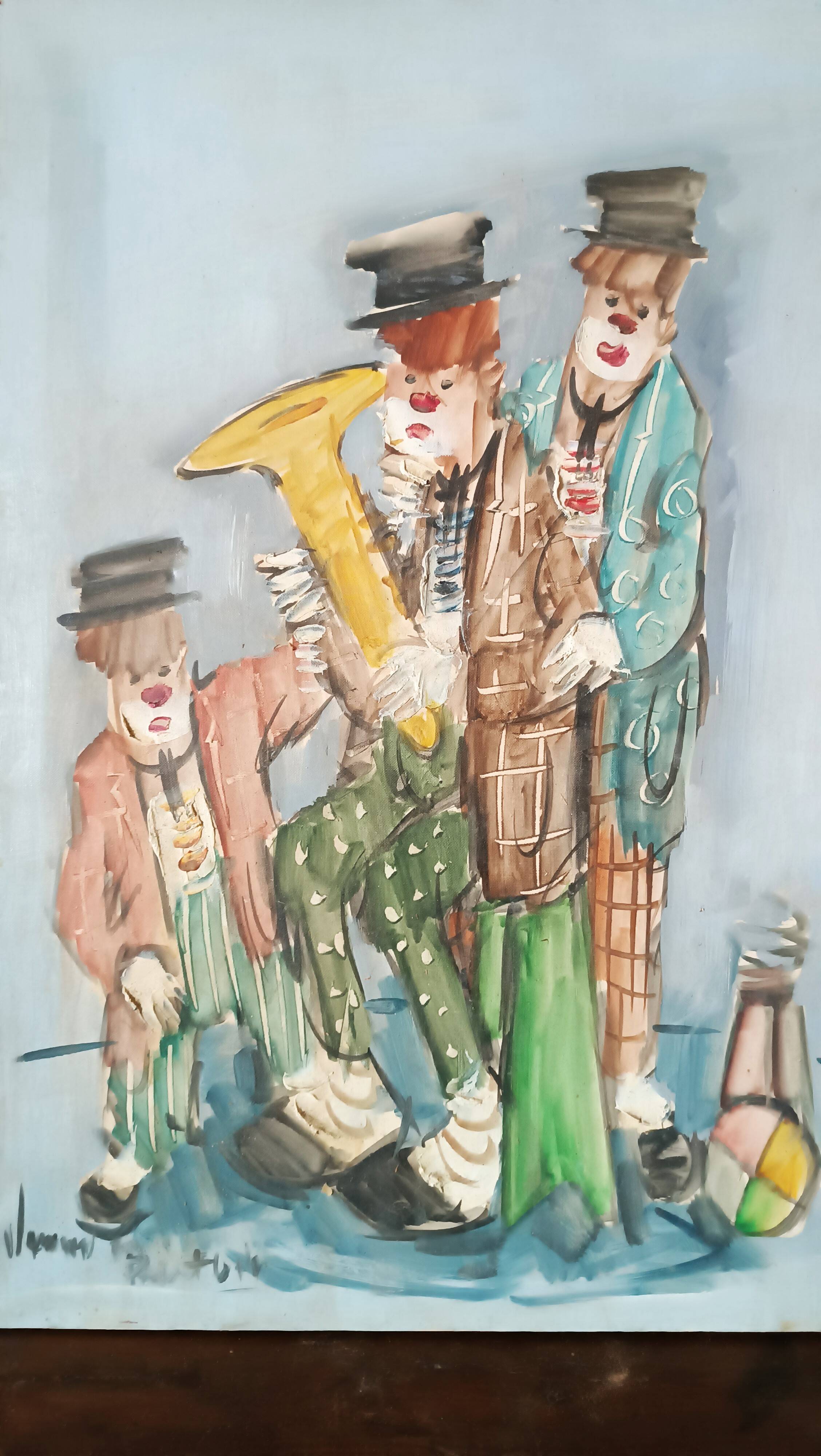 Peinture à l'huile sur toile nando da pistoia, clowns des années 60