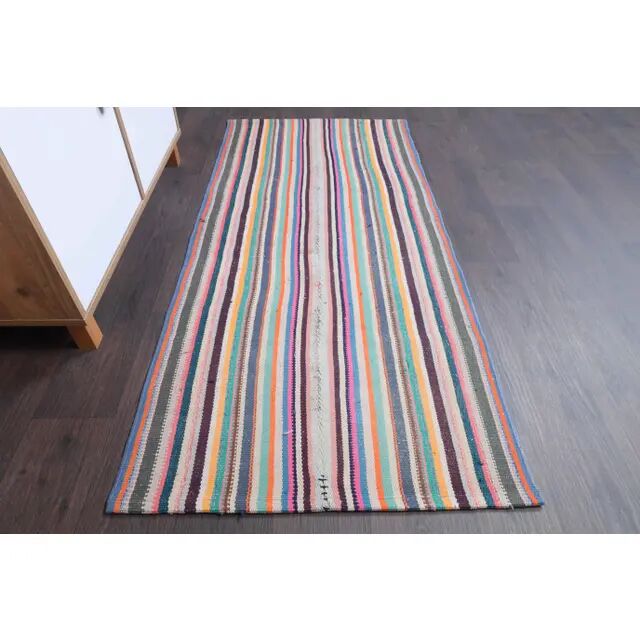 Tapis de couloir kilim turc vintage en laine et coton rose noué à la main