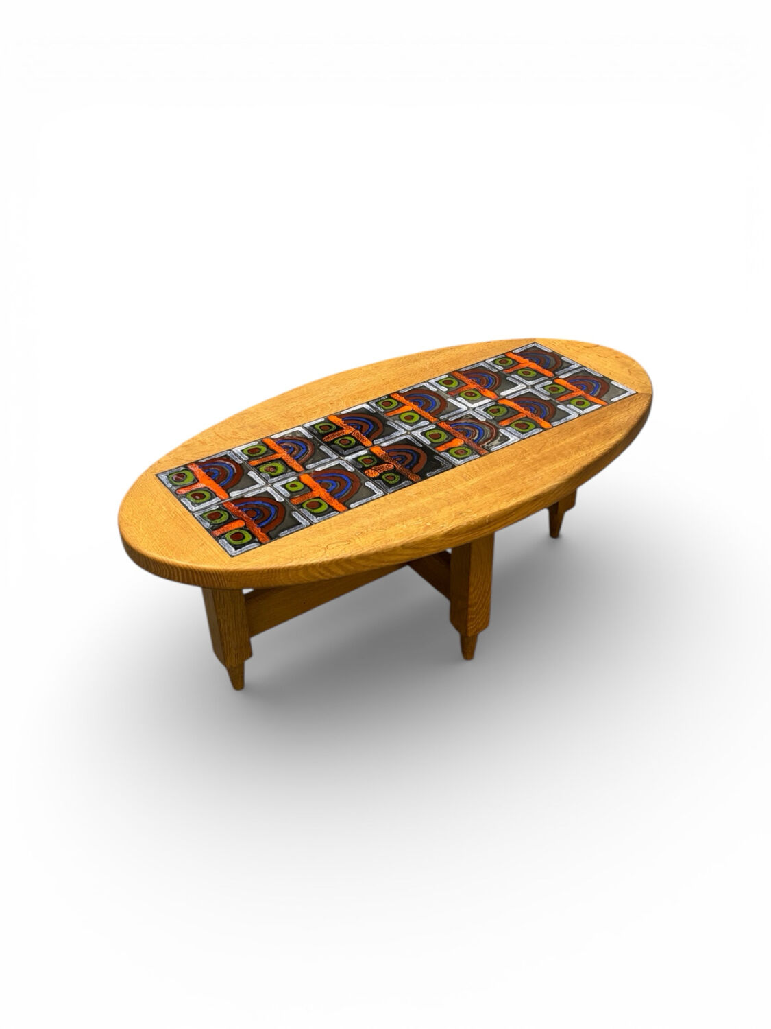 Oval coffee table in oak and ceramic by Guillerme & Chambron for