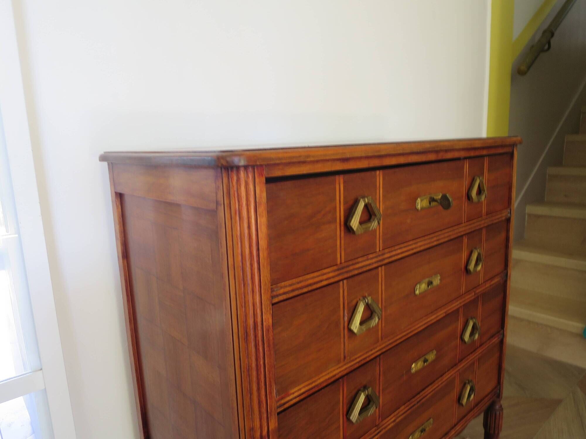 Art Deco chest of drawers - 4 drawers - locks - checkered wood veneer top - 50s