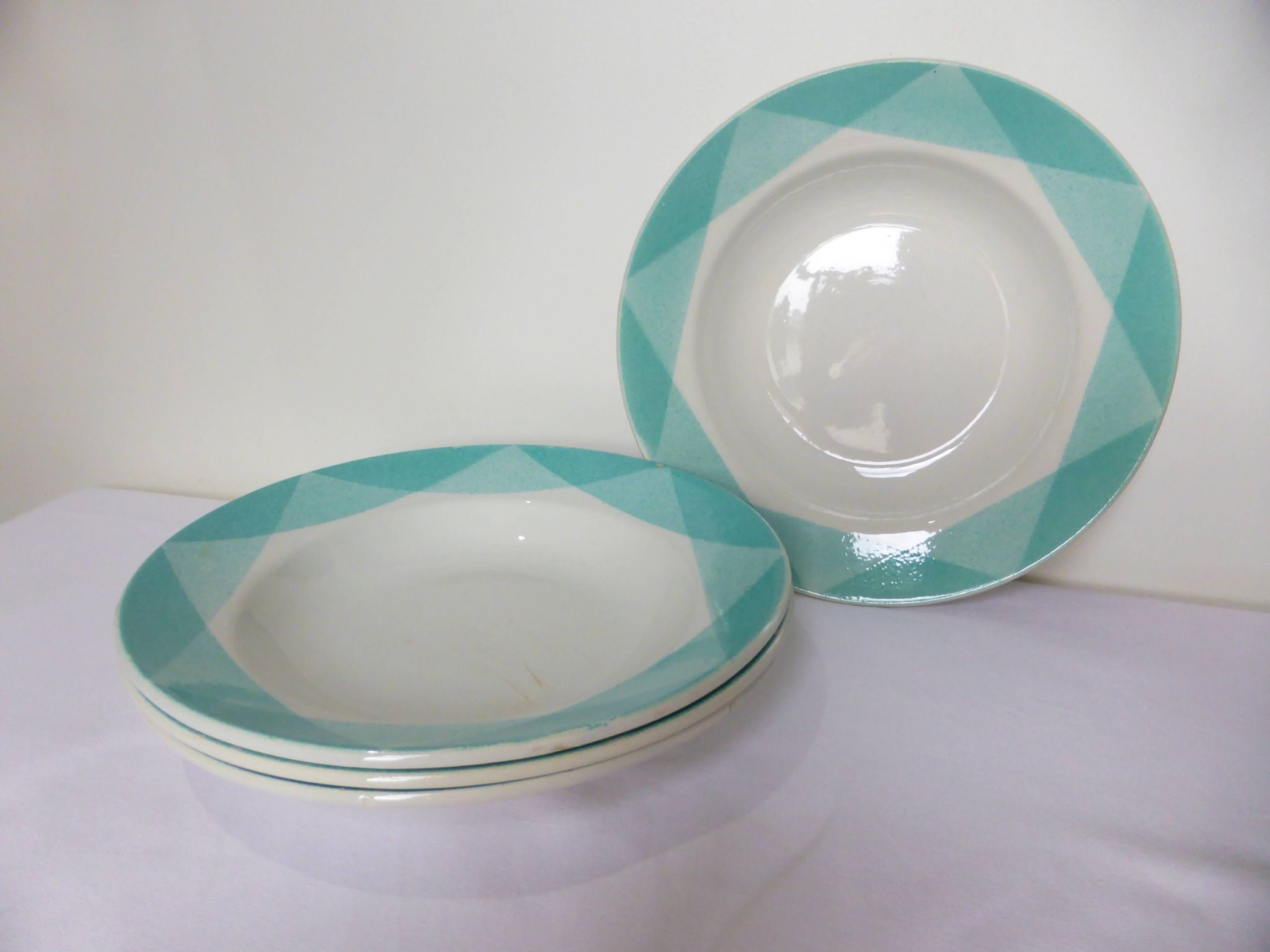 4 vintage geometric pattern soup plates 220510