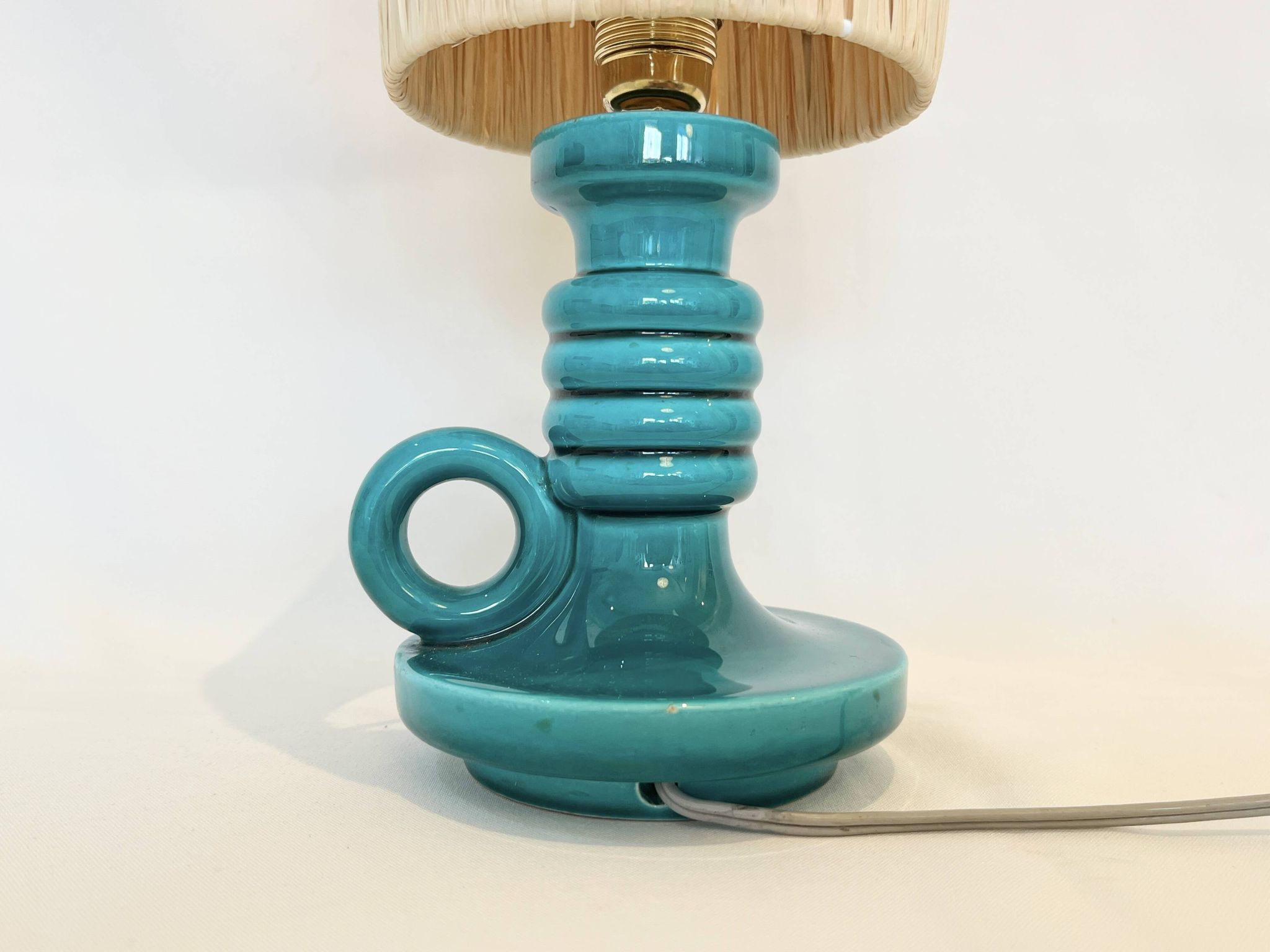 Art Deco green ceramic candle holder lamp base with raffia shade