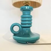 Art Deco green ceramic candle holder lamp base with raffia shade