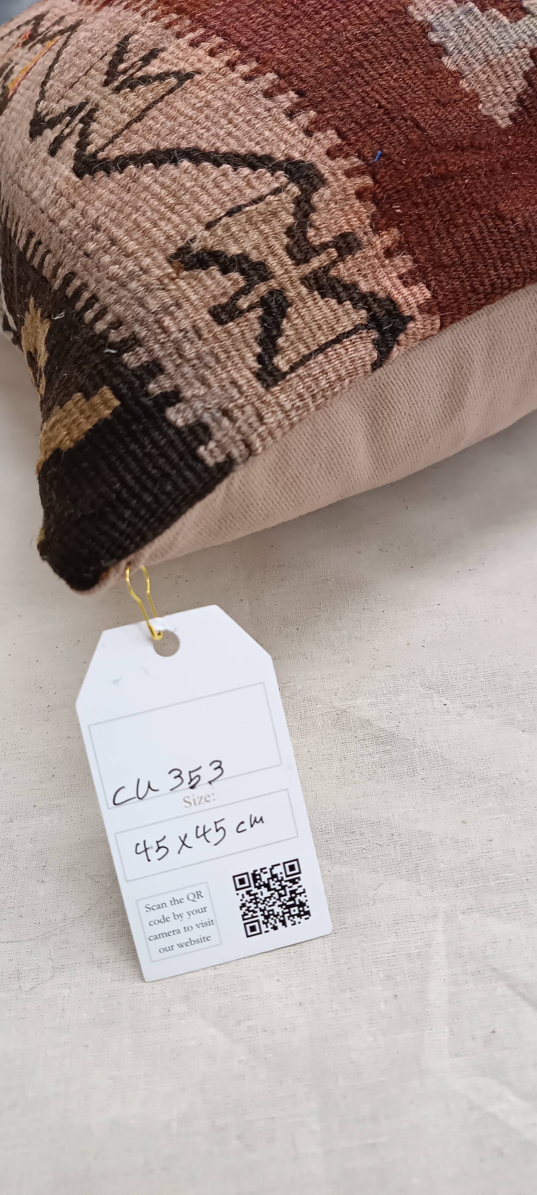 Housse de coussin en kilim antique en terre cuite rustique, 45x45 cm, coussin tissé à la main