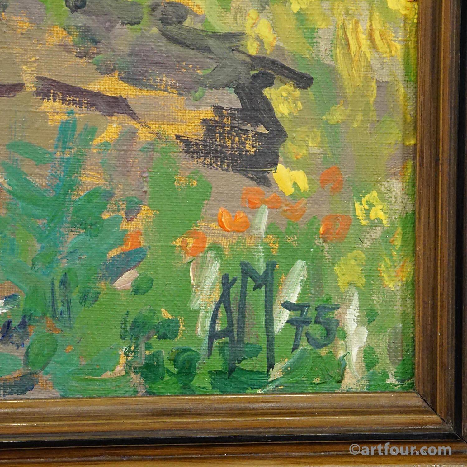 Vintage oil painting of a Mediterranean village, Alexander Michael 1975.