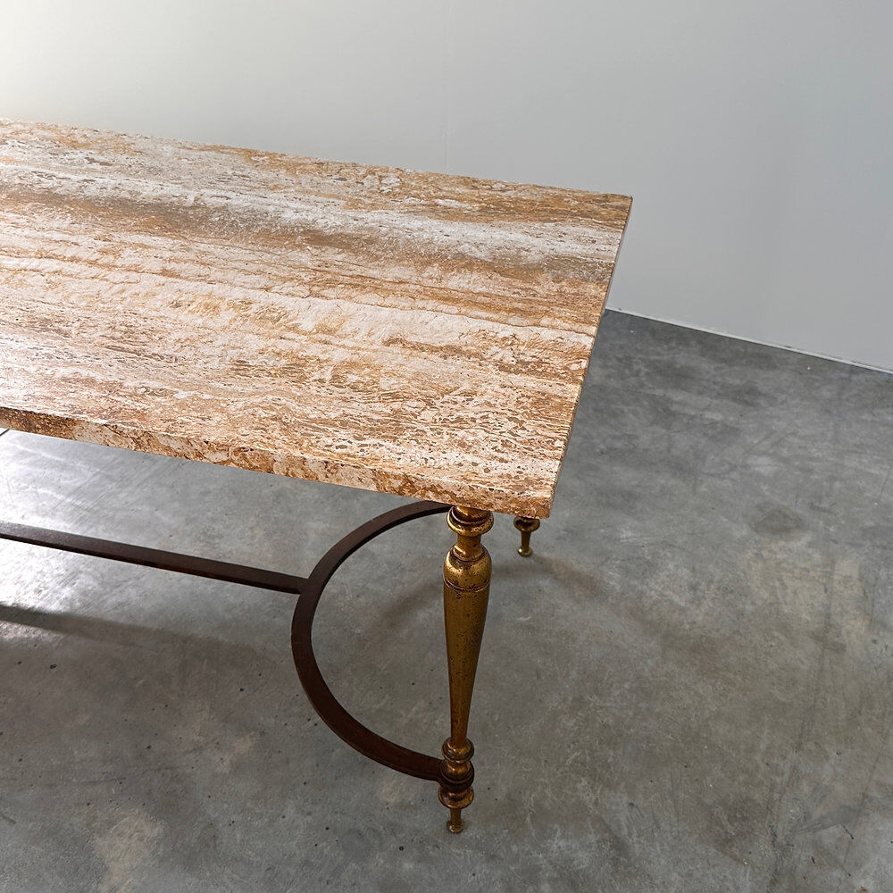 Elegant travertine coffee table with brass base, 1970s