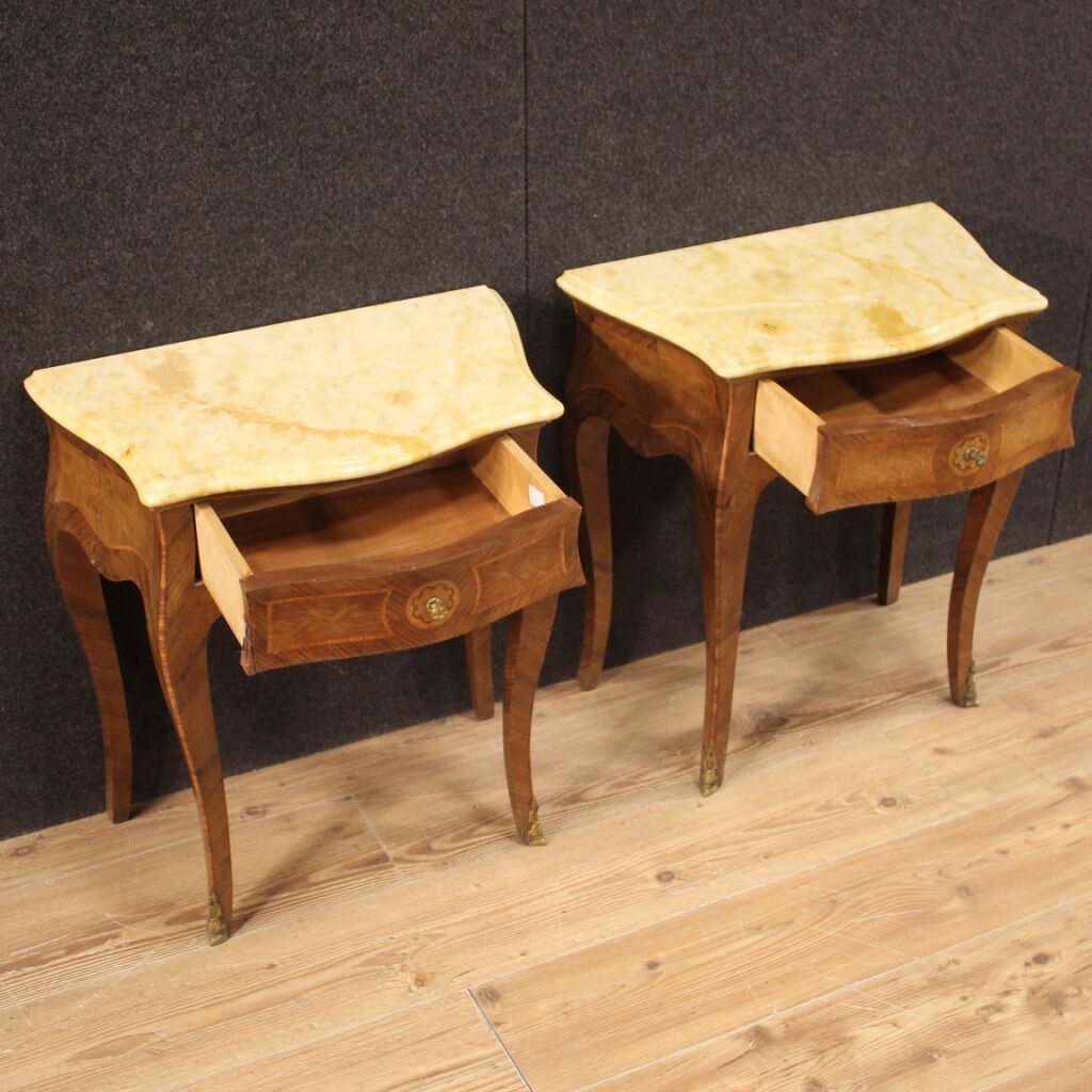 Pair of Italian inlaid bedside tables with marble top