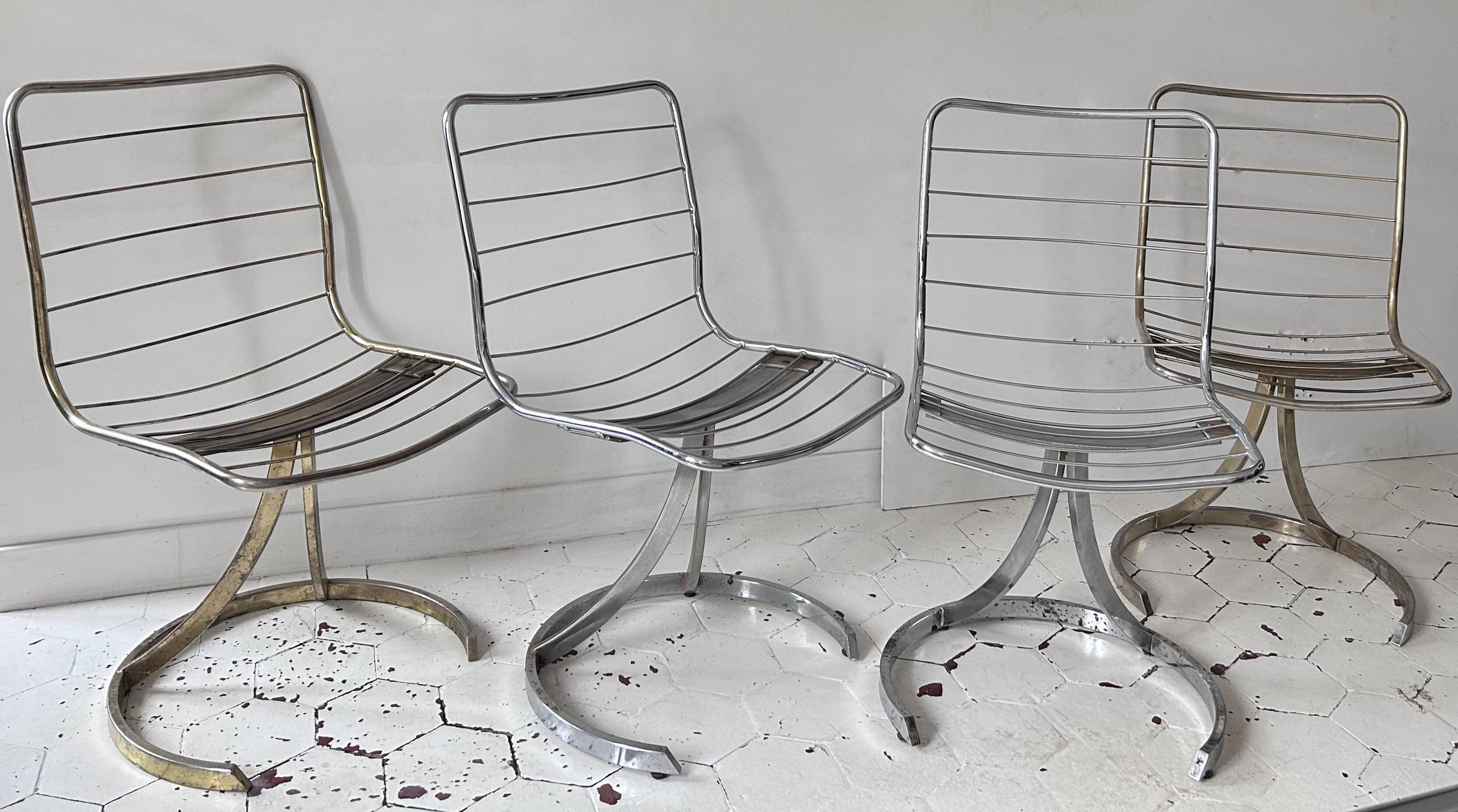 Set of 4 vintage chairs, chromed metal, France 1970