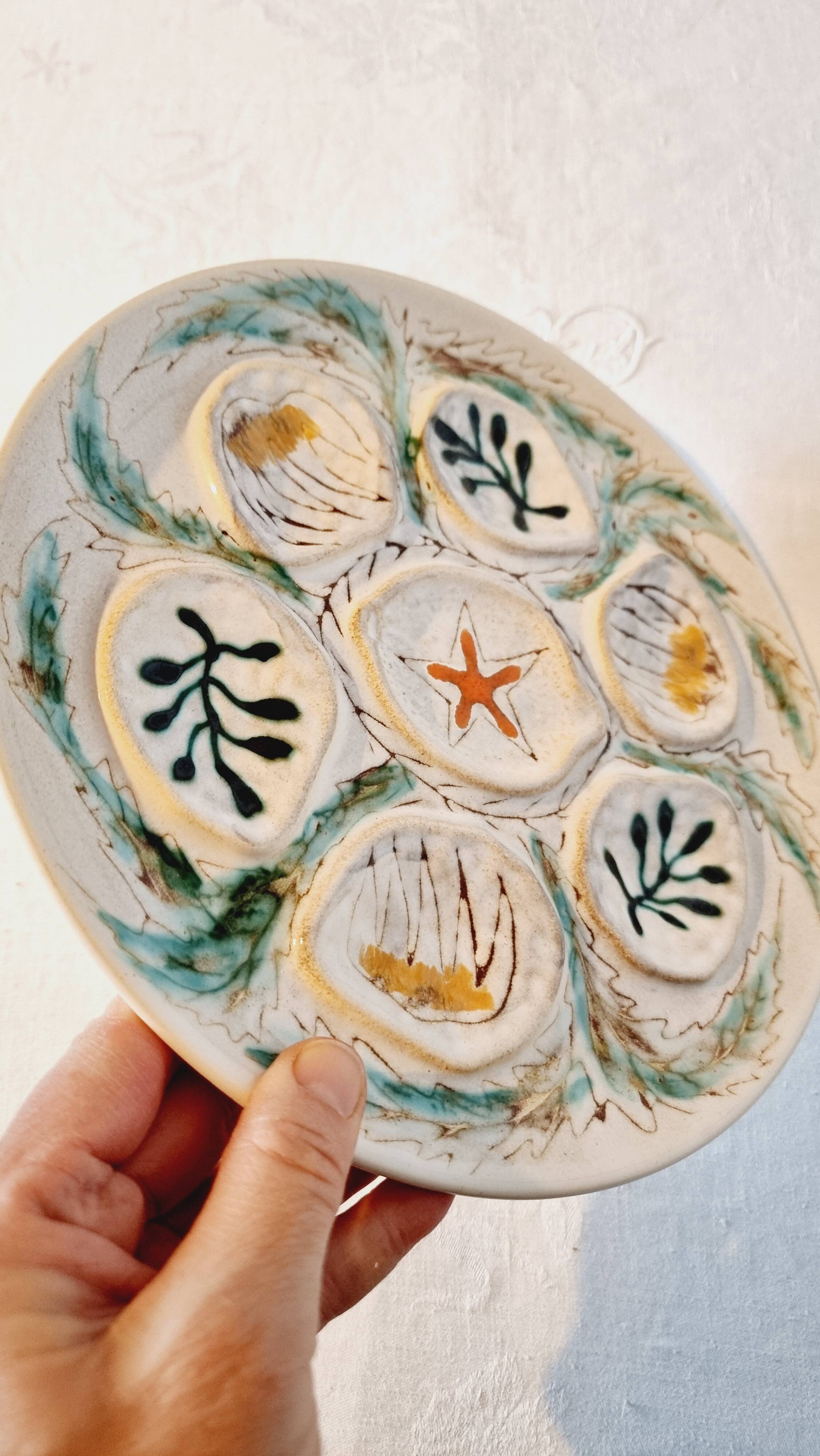 Interesting French porcelain oyster dish MBFA Pornic hand-painted marine M.