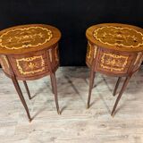 Pair of narrow Louis XV style bedside tables in marquetry