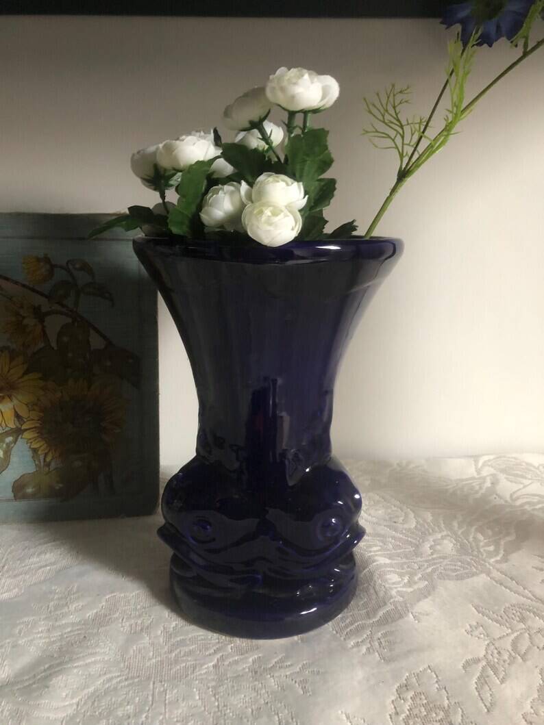 Vintage Cobalt Blue Fish Vase - Ricard Ceramics Workshop