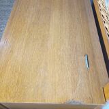 Coffre à jouets, banc en bois et rotin, années 60