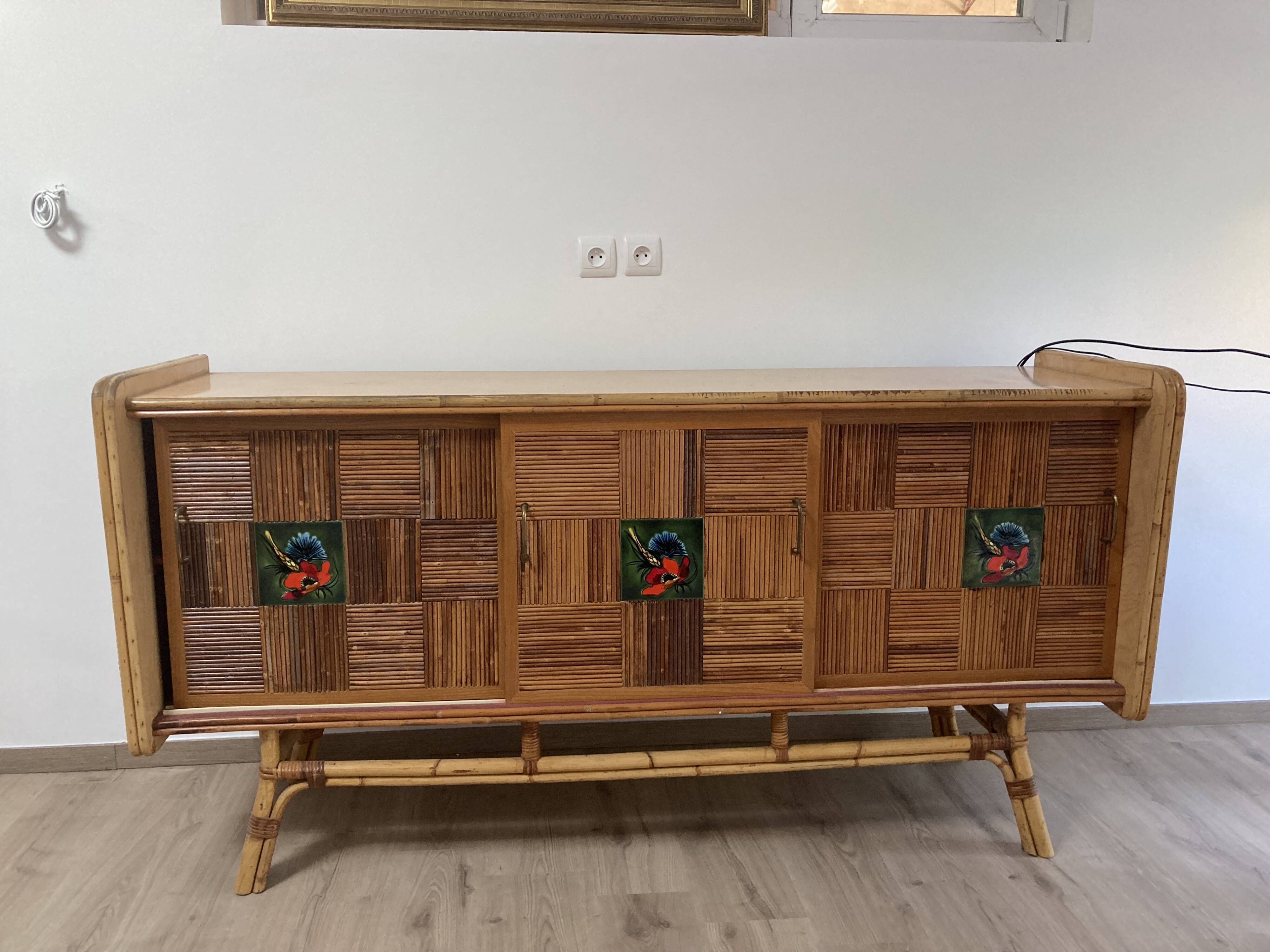 Rattan sideboard and ceramic tiles from vallauris 50s
