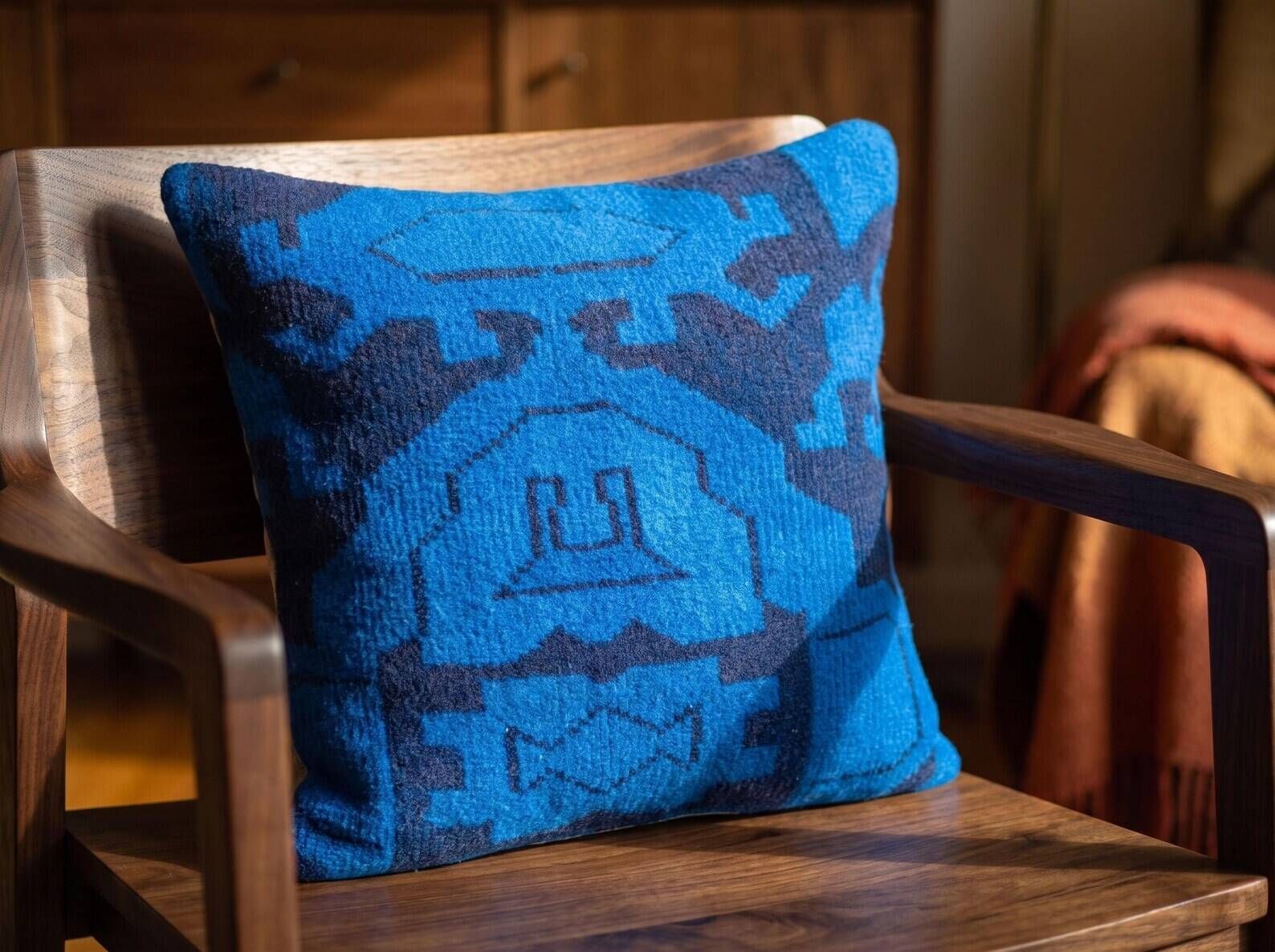 Vintage Turkish Rug Cushion, Handmade Electric Blue Geometric Wool Pillow