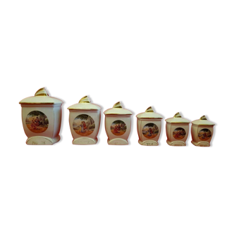 Série de 6 pots à épices anciens en porcelaine