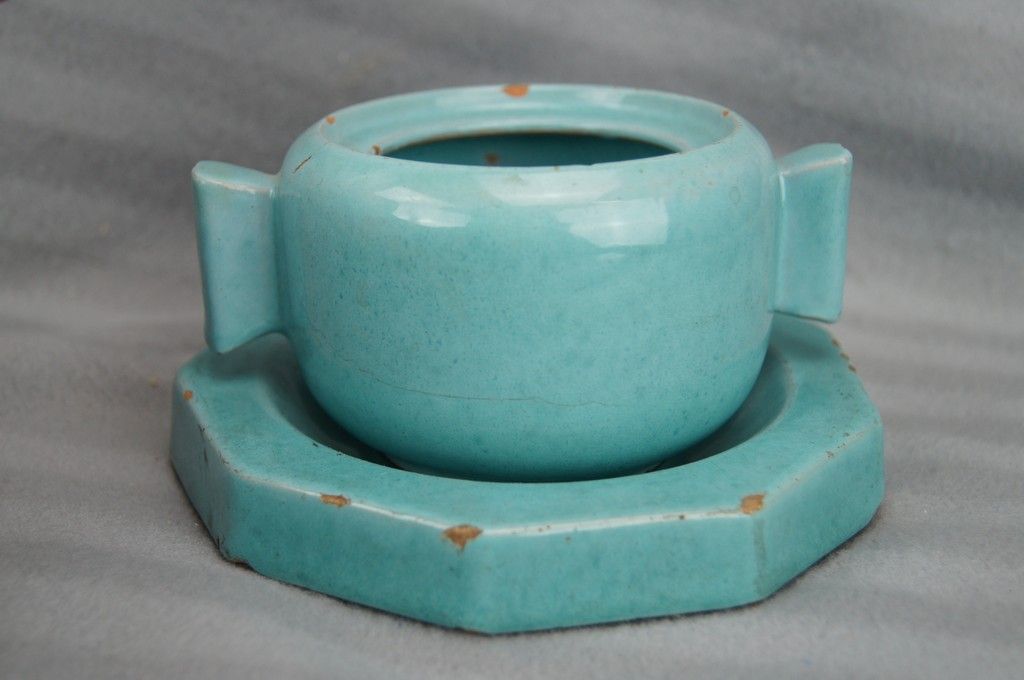 Octagonal blue-green ceramic pot and pouch Lifas / Alice Sordet-Bonifas (1902-1975)