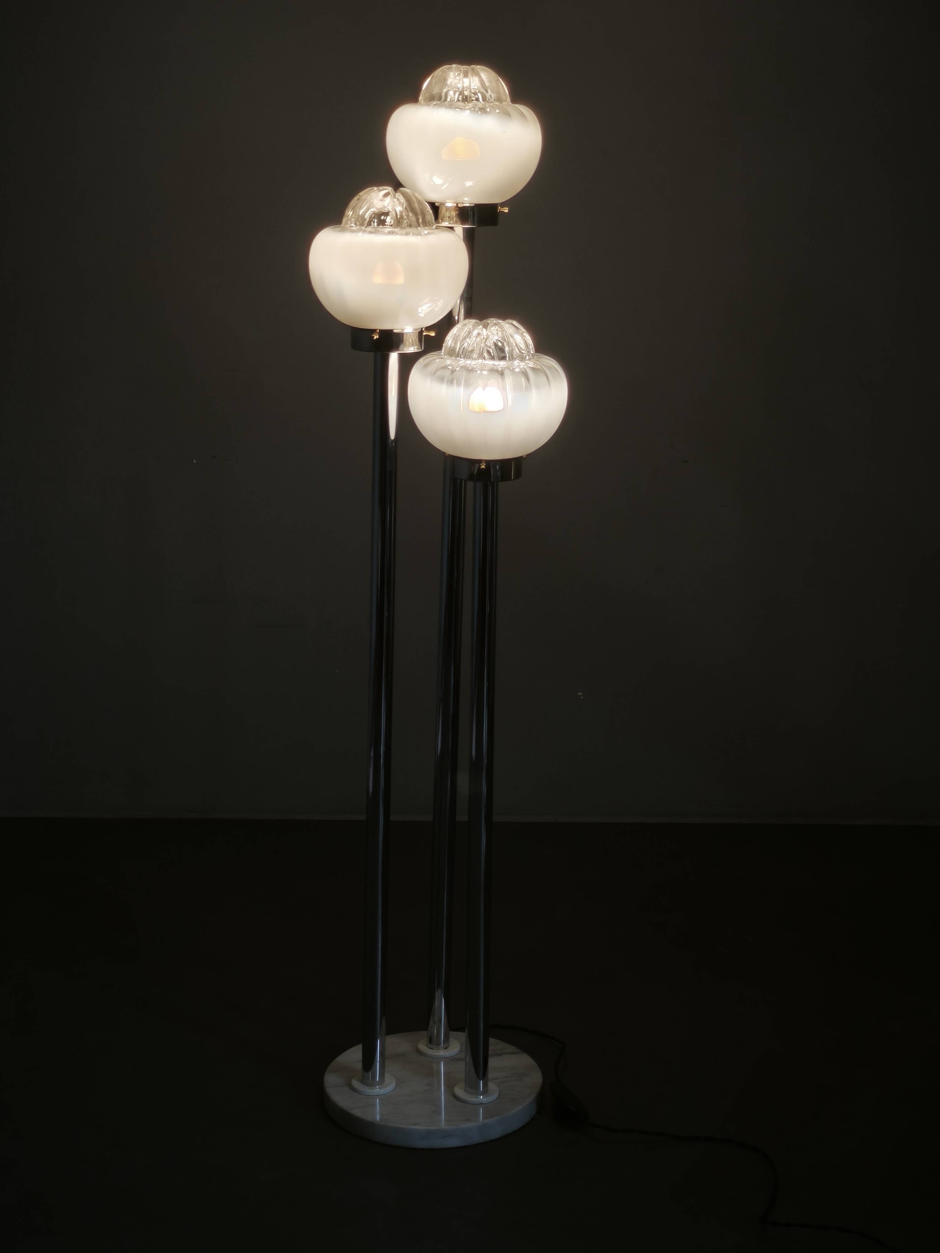 1970s Italian Murano Glass, Chrome and Marble Three-Light Floor Lamp