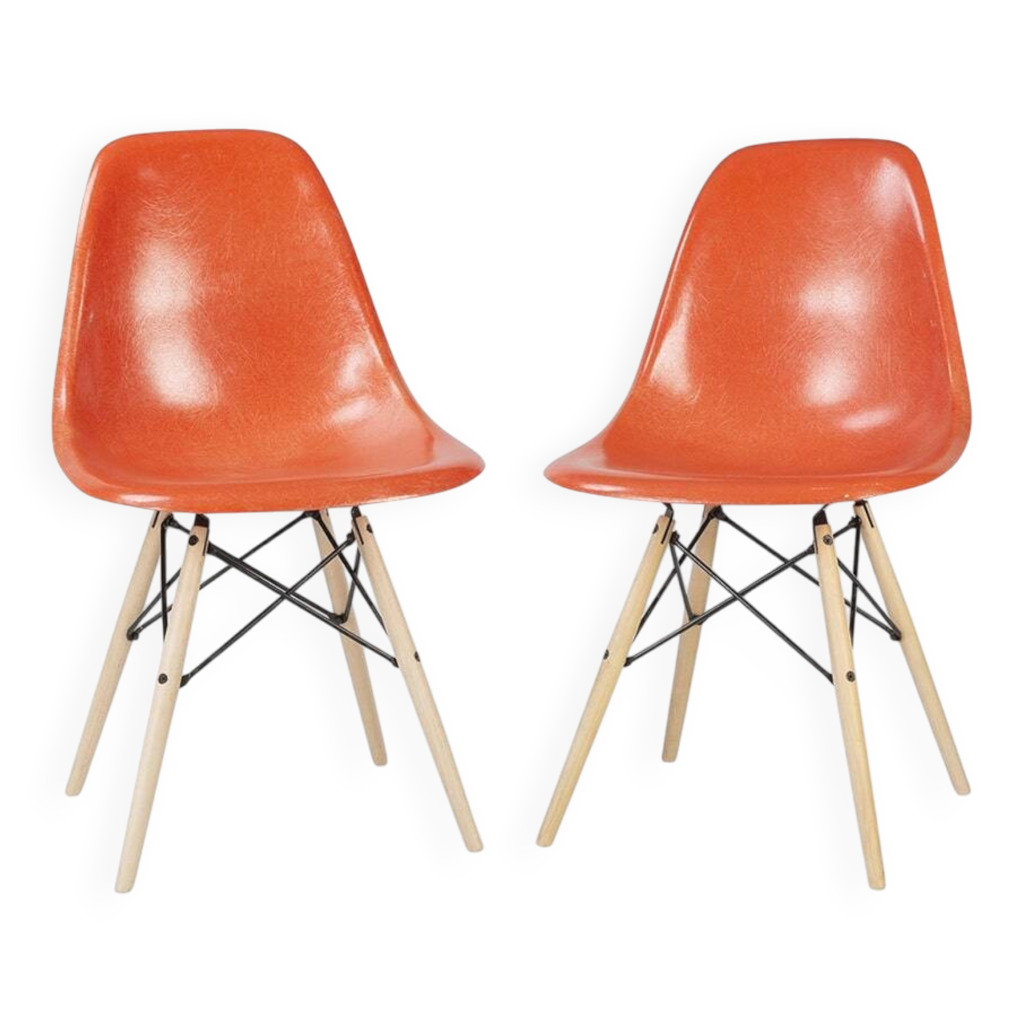 Orange Pair (2) Herman Miller Original Eames DSW Dining Side Shell Chairs