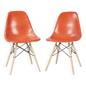 Orange Pair (2) Herman Miller Original Eames DSW Dining Side Shell Chairs