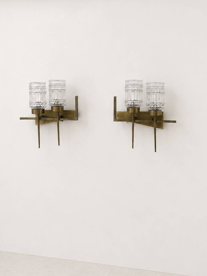 Pair of vintage brass and glass wall lights, France, 1950.