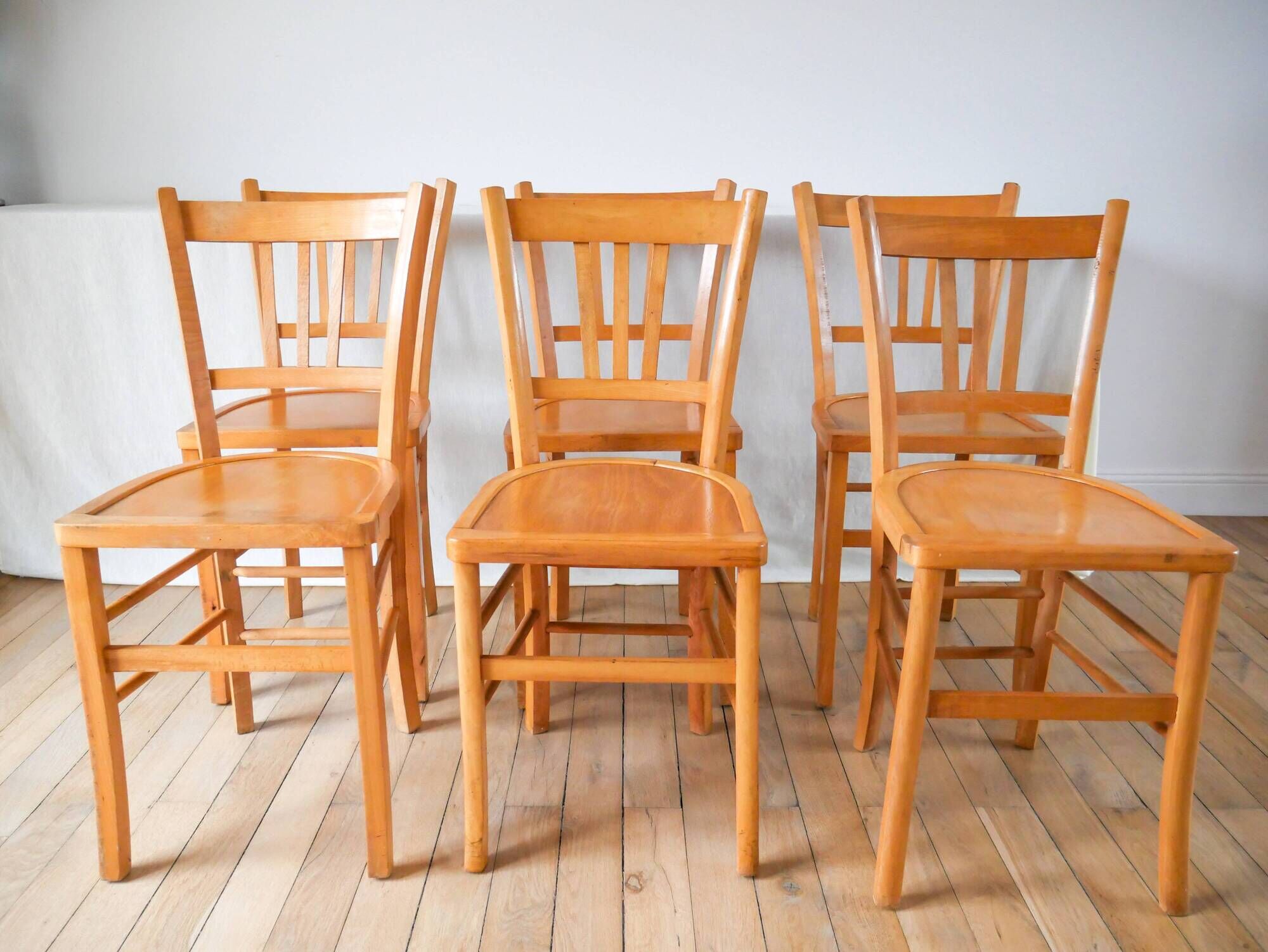Set of 6 bistro chairs in blond wood luterma 1950